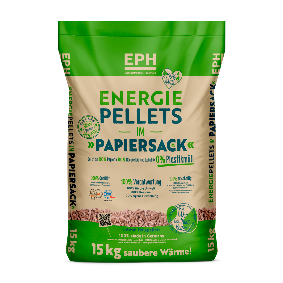 EPH Premium Holzpellets DINplus / ENplus A1 – Palette mit 65 Papiersäcken, 975 kg